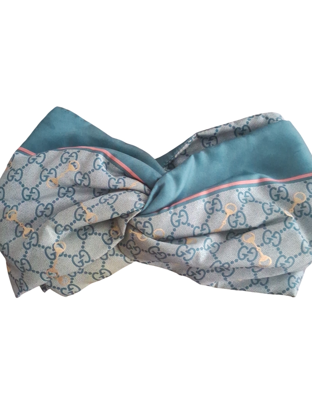 Gucci Aqua & Pink Monogram Silk Twist Headband With Horsebelt Print